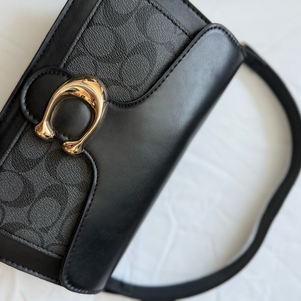 Black faux Leather Signature Shoulder Bag with Gold Hardware